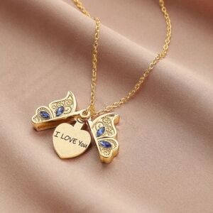 Gold Heart Pendant Necklace with Blue Accents